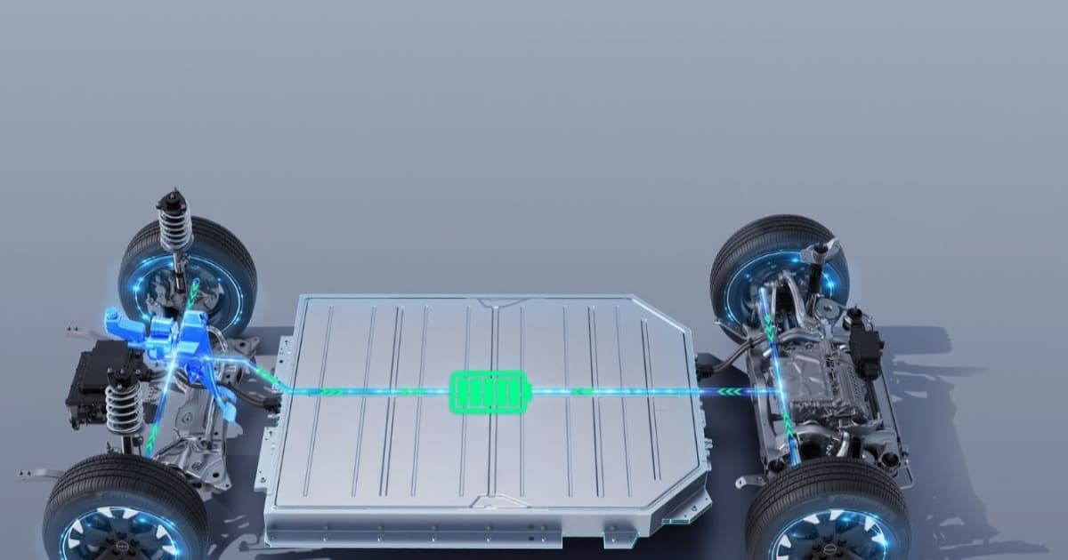 Ilustrasi mobil listrik berbasis baterai nikel dengan latar pabrik industri baterai