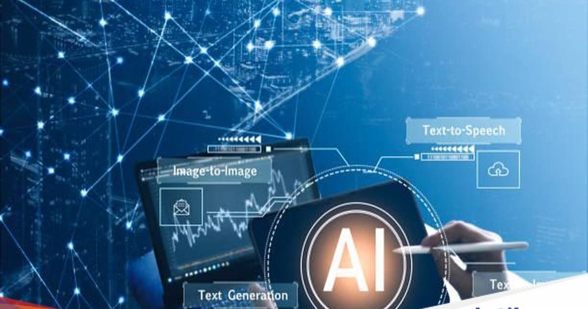 Ilustrasi penggunaan AI dengan smartphone dan ikon digital yang melambangkan transformasi teknologi digital