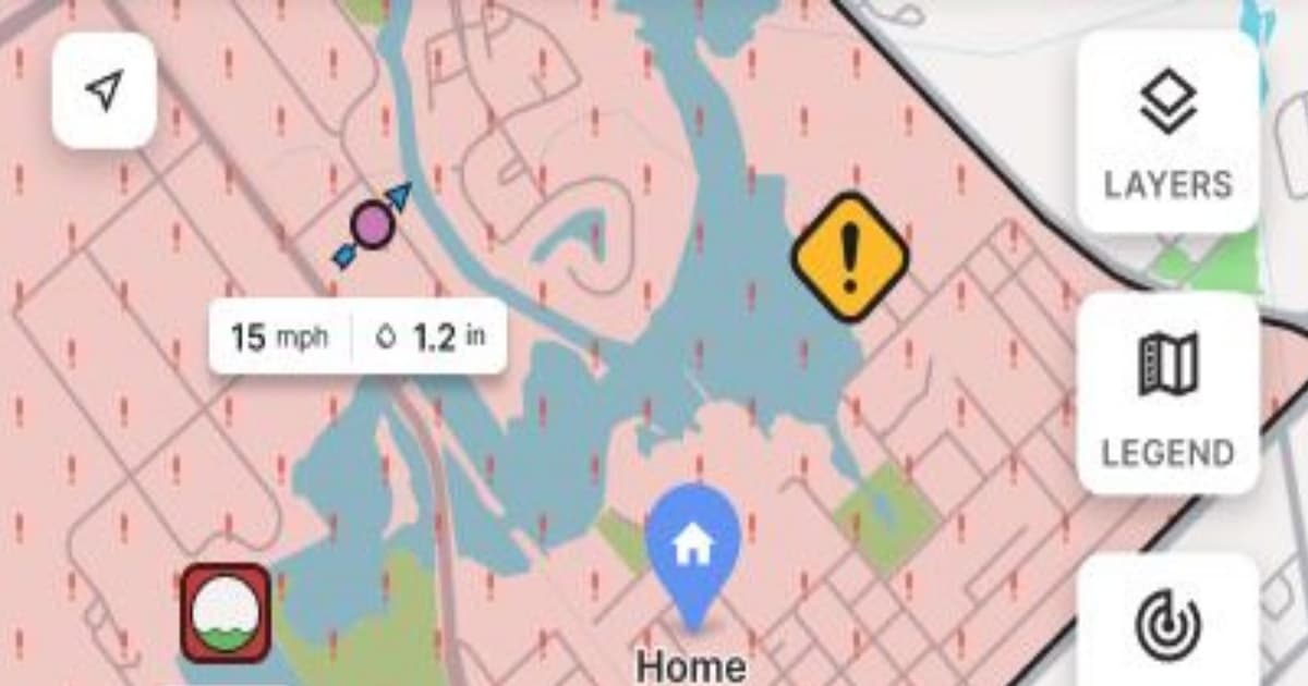 Tampilan antarmuka aplikasi Watch Duty dengan fitur pemantauan banjir dan data ketinggian air dari pelampung