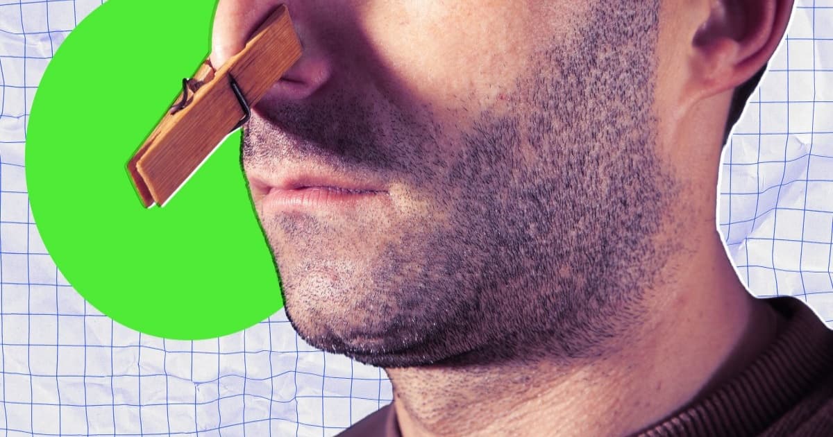 Ilustrasi orang dengan jepitan hidung di depan pabrik chip AI Intel yang melarang deodoran