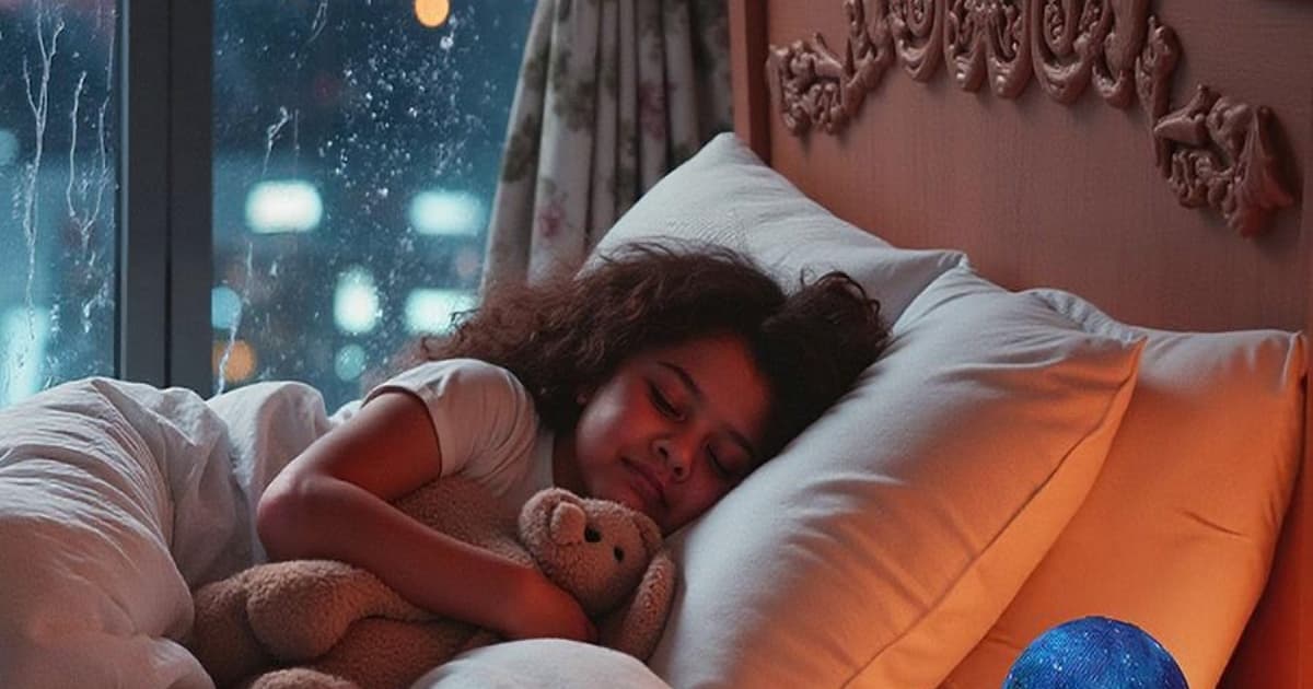 Ilustrasi fitur Sleep Studio Amazon pada perangkat Echo Kids dengan lampu tidur Echo Glow