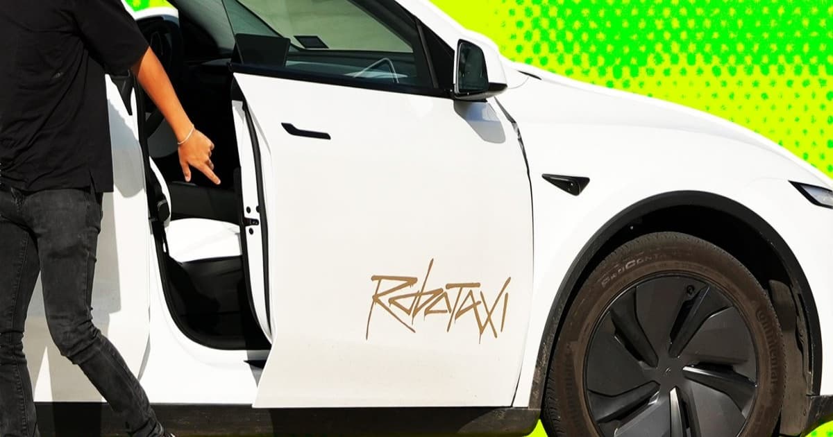 Ilustrasi pria meninggalkan Tesla Robotaxi dengan gaya foto artistik