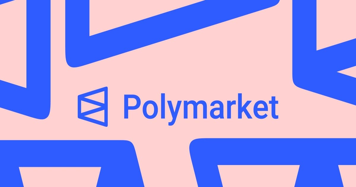 Logo Polymarket dengan latar belakang grafik naik turun dan ikon media sosial