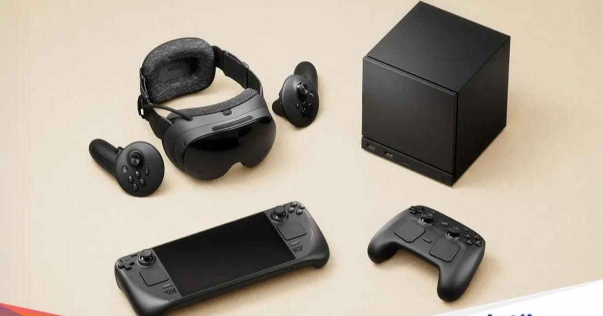 Valve Steam Machine dengan frame VR dan controller di atas meja