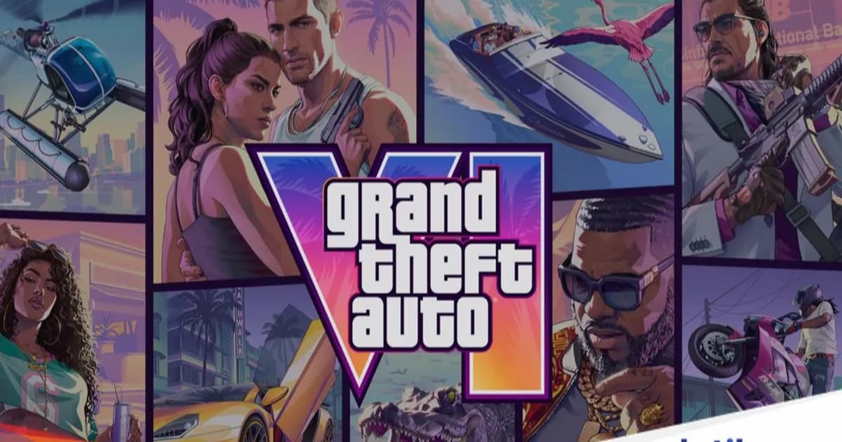 Visual pre-order GTA 6 dengan latar kota dan logo Grand Theft Auto VI