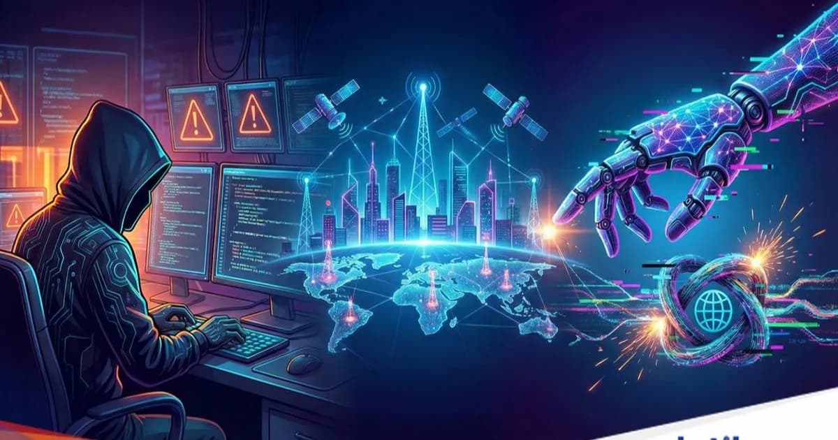 Ilustrasi keamanan cyber dengan latar belakang jaringan digital dan ikon kunci
