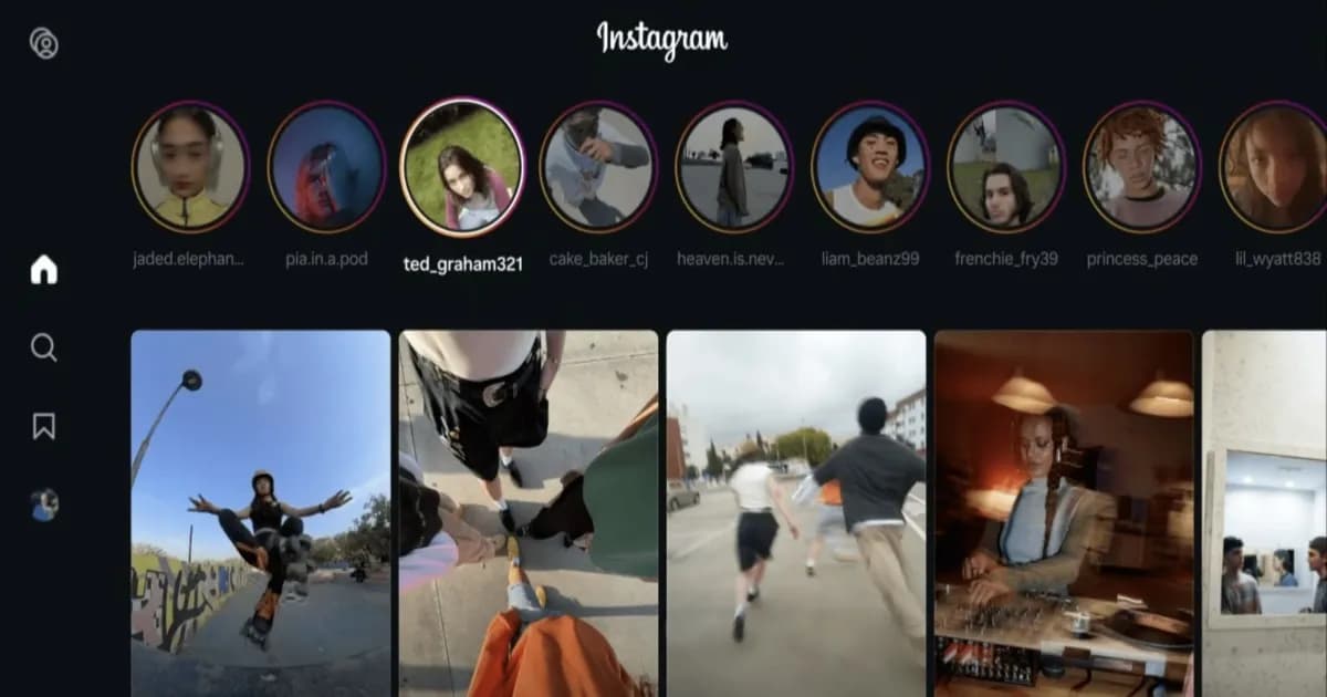 Tampilan aplikasi Instagram for TV di smart TV dengan layar menampilkan Reels vertikal dan Stories