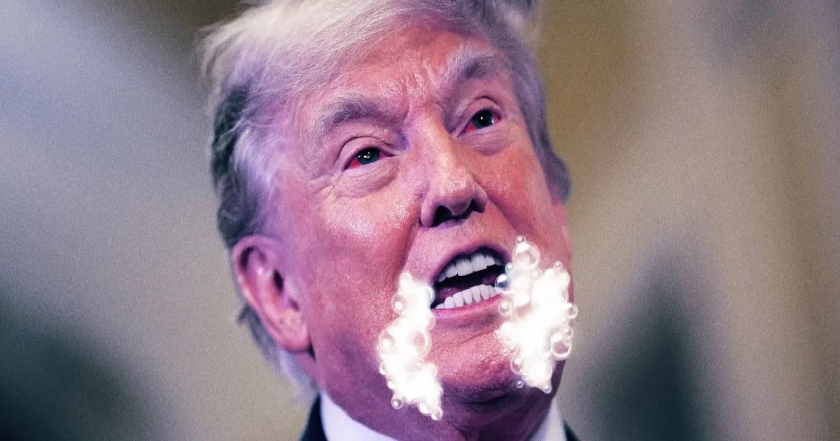Ilustrasi Donald Trump dengan efek rabies di mulut, menggambarkan hoaks AI DuckDuckGo