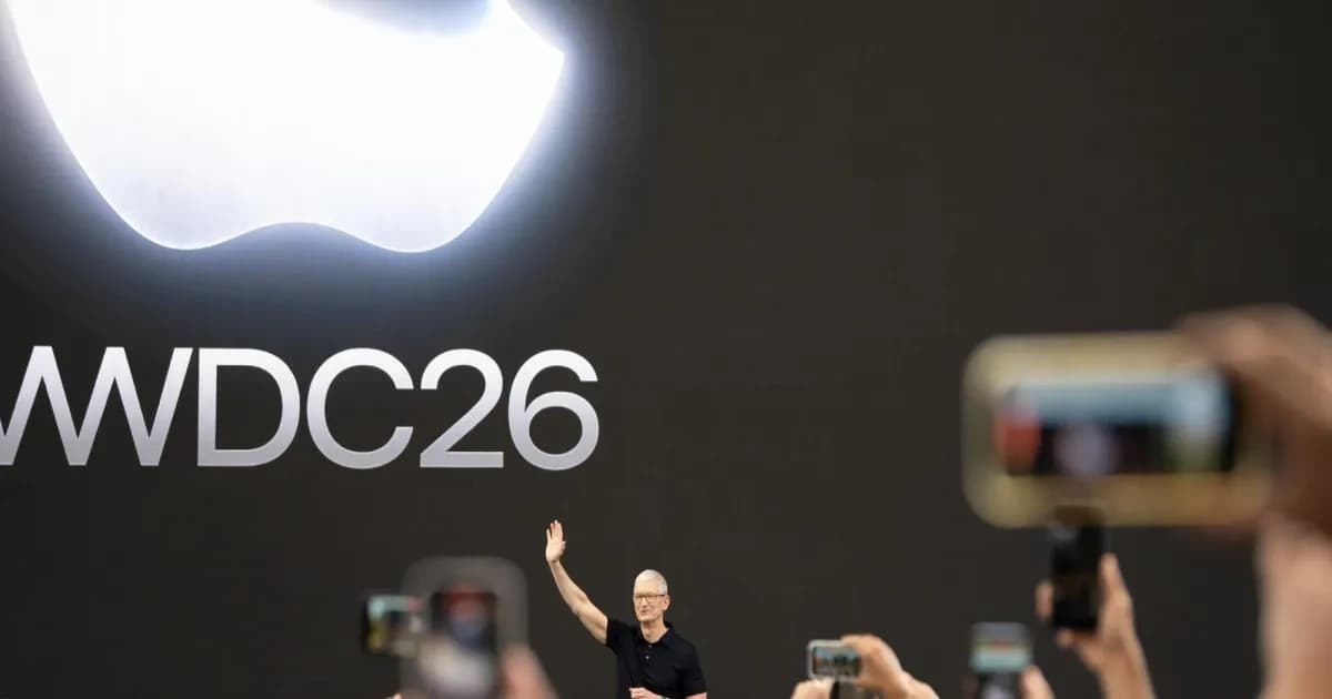 Produk Apple di atas meja dengan latar belakang grafik harga naik