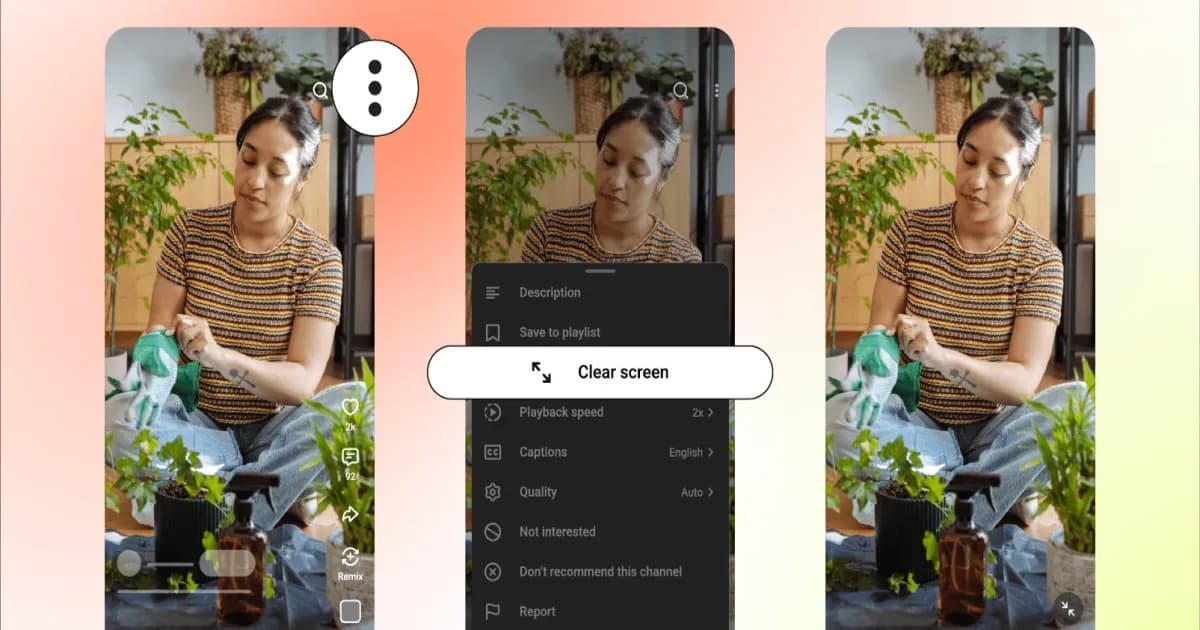 Ilustrasi fitur clear screen YouTube Shorts yang menghilangkan ikon dan teks dari layar