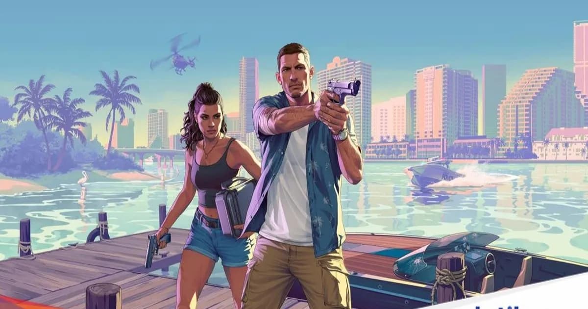 Visual trailer GTA 6 yang menampilkan dua karakter utama di kota Vice City dengan latar matahari terbenam