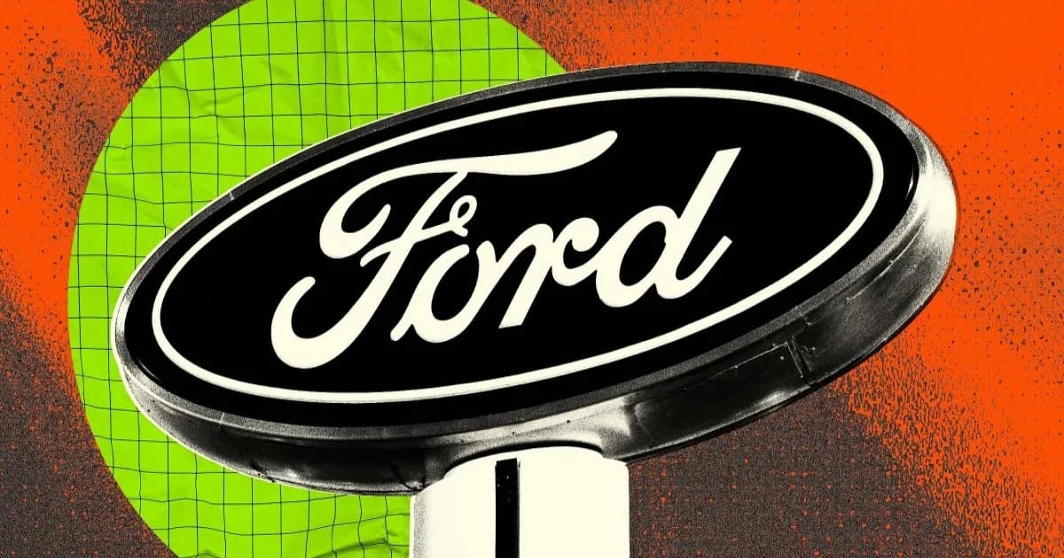 Ilustrasi Ford dengan latar belakang teknologi AI dan papan nama dealer resmi Ford