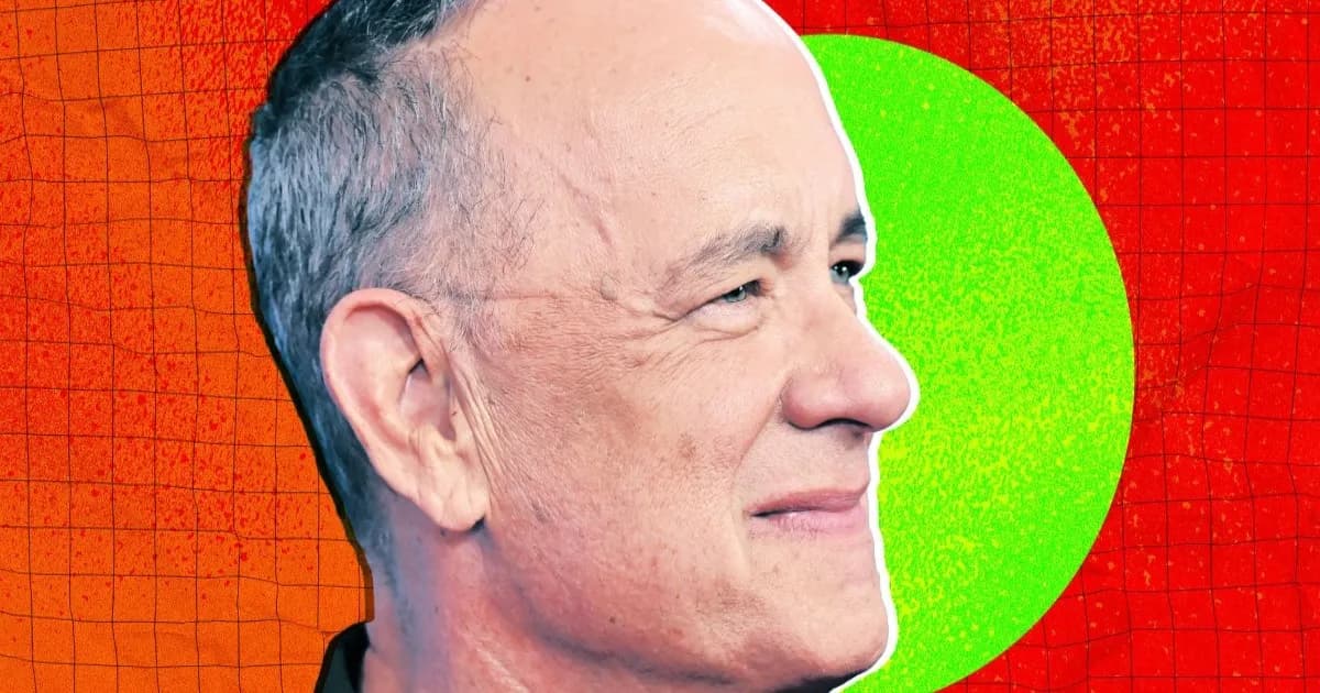 Ilustrasi grafis aktor Tom Hanks di pemutaran perdana film Toy Story 5 dengan latar AI.