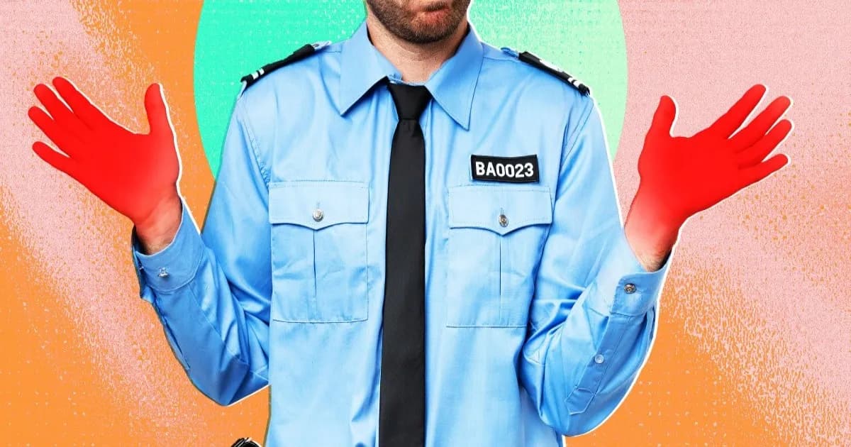 Ilustrasi polisi dengan tangan terangkat dalam warna merah terang sebagai representasi kontroversi penggunaan AI oleh aparat hukum