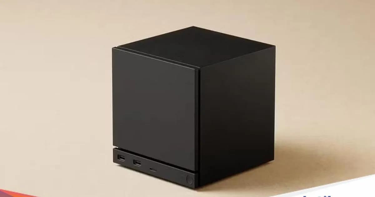 Ilustrasi perangkat Steam Machine Valve berwarna hitam dengan logo Valve di bagian depan