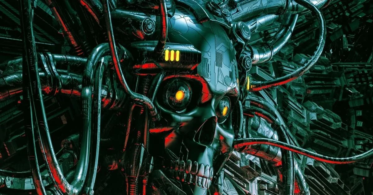 Ilustrasi tengkorak robotik mengancam dengan latar cahaya hijau dan merah