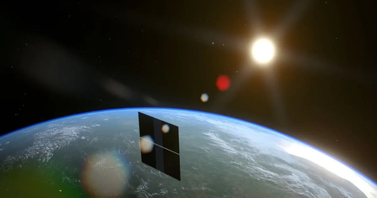 Ilustrasi satelit pusat data raksasa dengan panel surya besar mengorbit Bumi