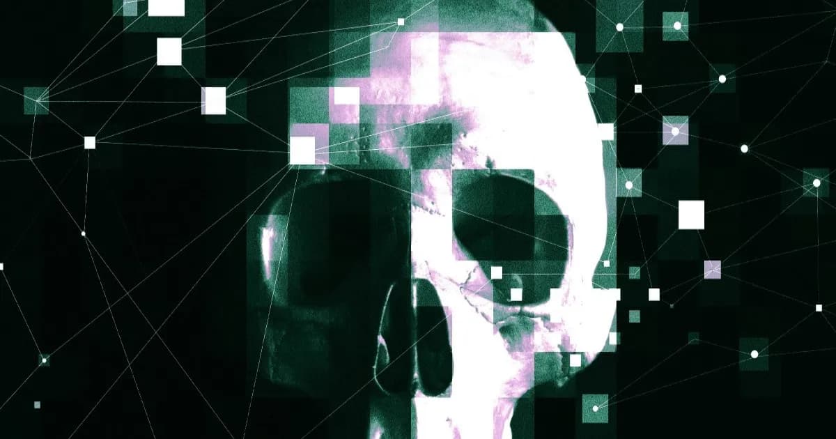 Ilustrasi tengkorak dikelilingi bit digital dan artefak piksel