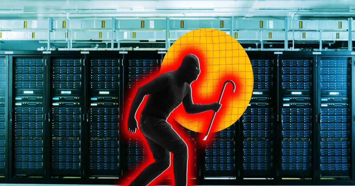 Ilustrasi komik foto komposit seorang penyusup bertopeng dengan linggis di dalam pusat data
