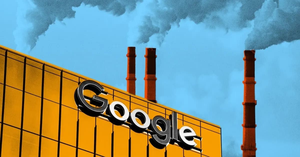 Ilustrasi bangunan dengan logo Google dan latar belakang asap polusi udara