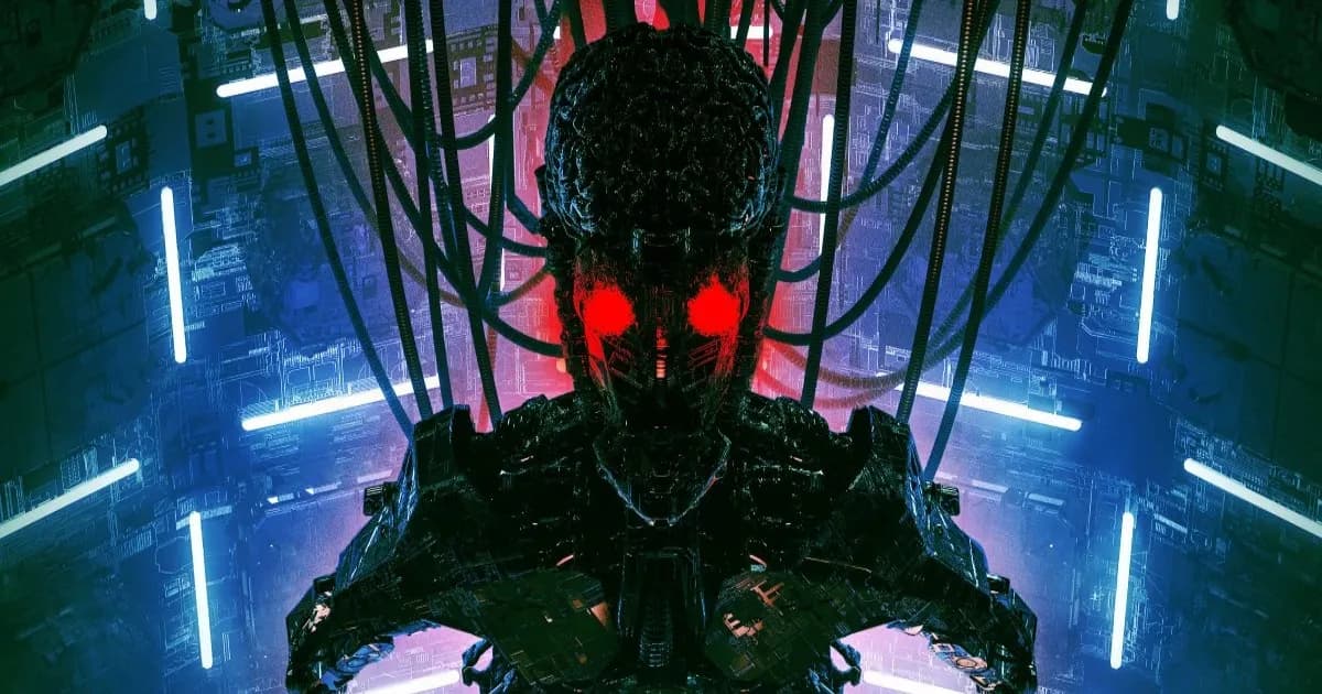 Ilustrasi robot dengan mata merah menakutkan terhubung ke banyak kabel dan selang