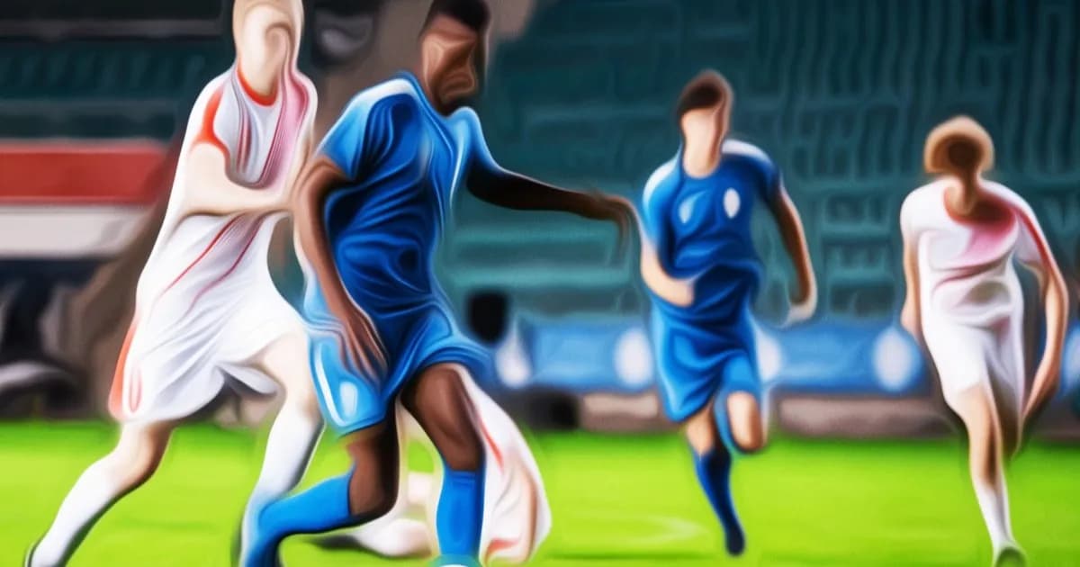 Ilustrasi pemain sepak bola dengan efek filter minyak yang sengaja dibuat buram menyerupai hasil AI generatif awal.