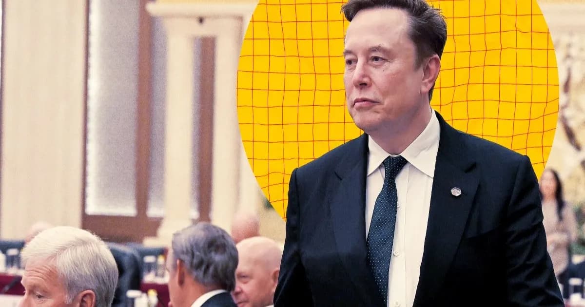 Ilustrasi foto bergaya Elon Musk dengan latar belakang satelit Starlink