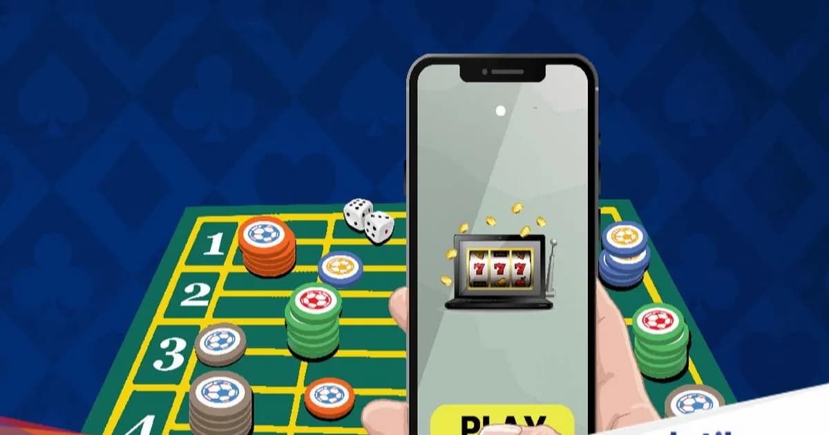 Ilustrasi judi online dengan simbol kartu, chip, dan layar digital