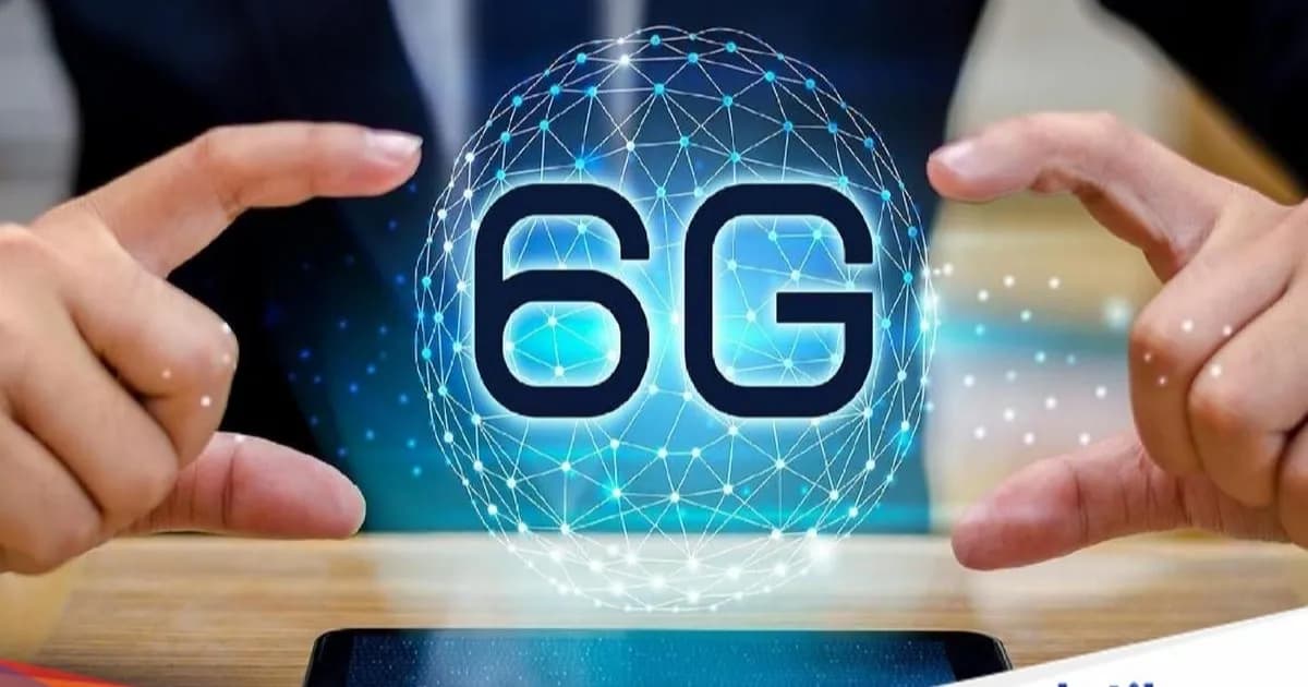 Ilustrasi teknologi jaringan 6G dengan visual gelombang elektromagnetik dan konektivitas nirkabel