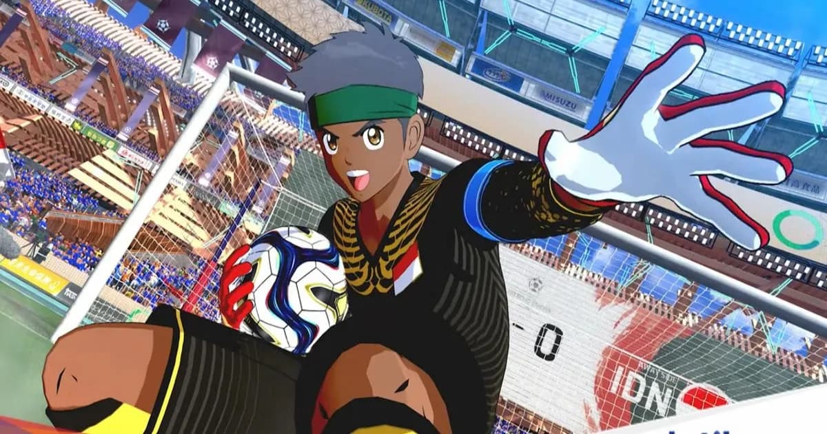Kiper Timnas Indonesia Eko Jawato beraksi menangkap tendangan Tsubasa di game Captain Tsubasa 2: World Fighters dengan efek burung Garuda emas.