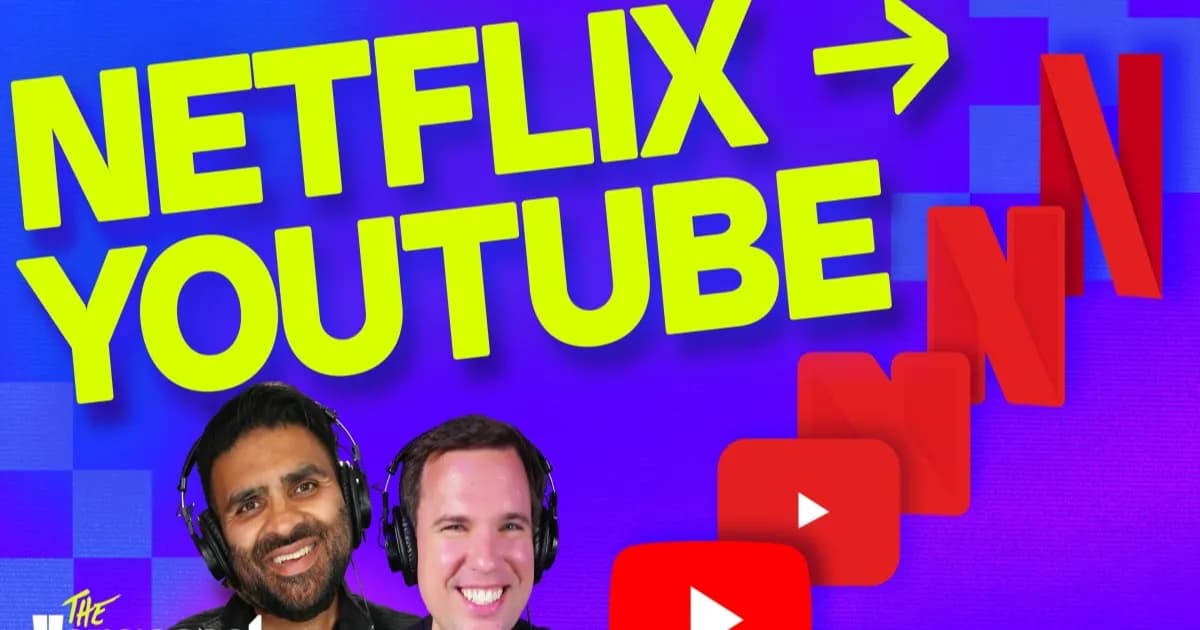 Logo Netflix dengan latar belakang gelap dan ikon berbagai jenis konten