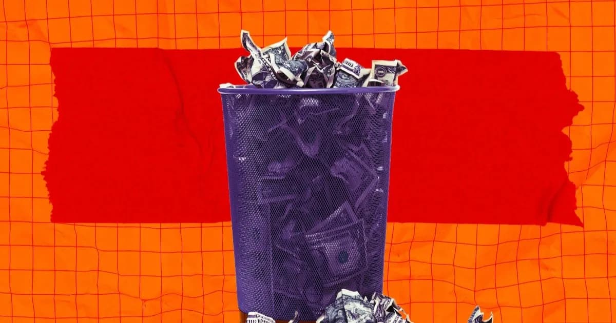 Ilustrasi keranjang sampah berisi uang kusut melambangkan pemborosan investasi data center AI