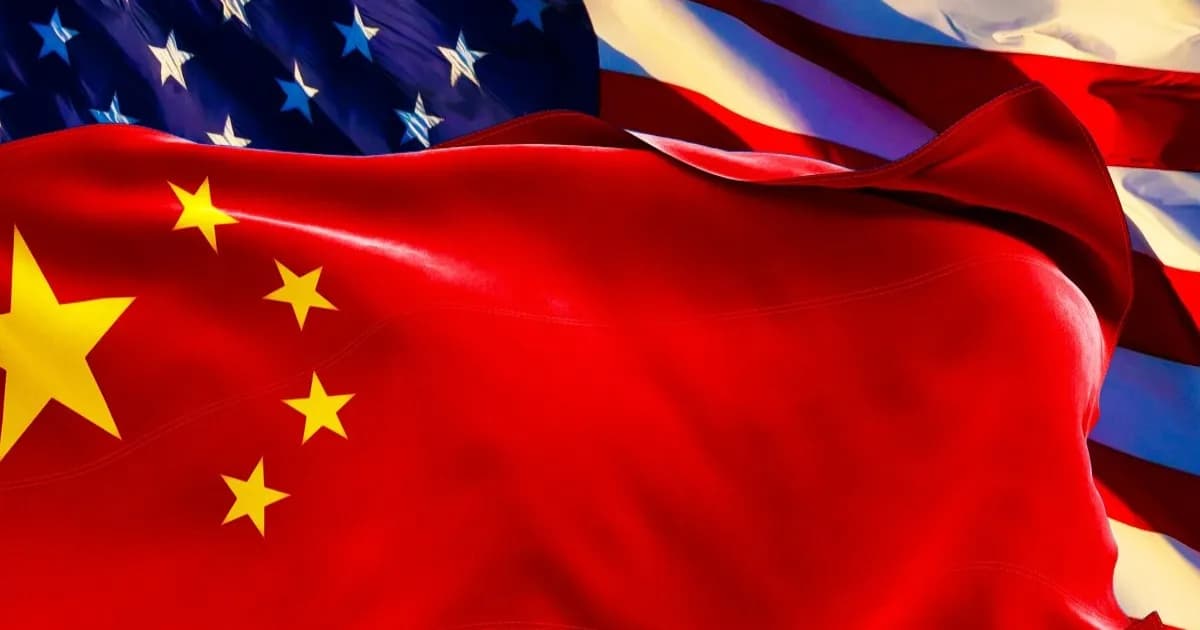 Ilustrasi perbandingan bendera Amerika dan China melambangkan persaingan AI global