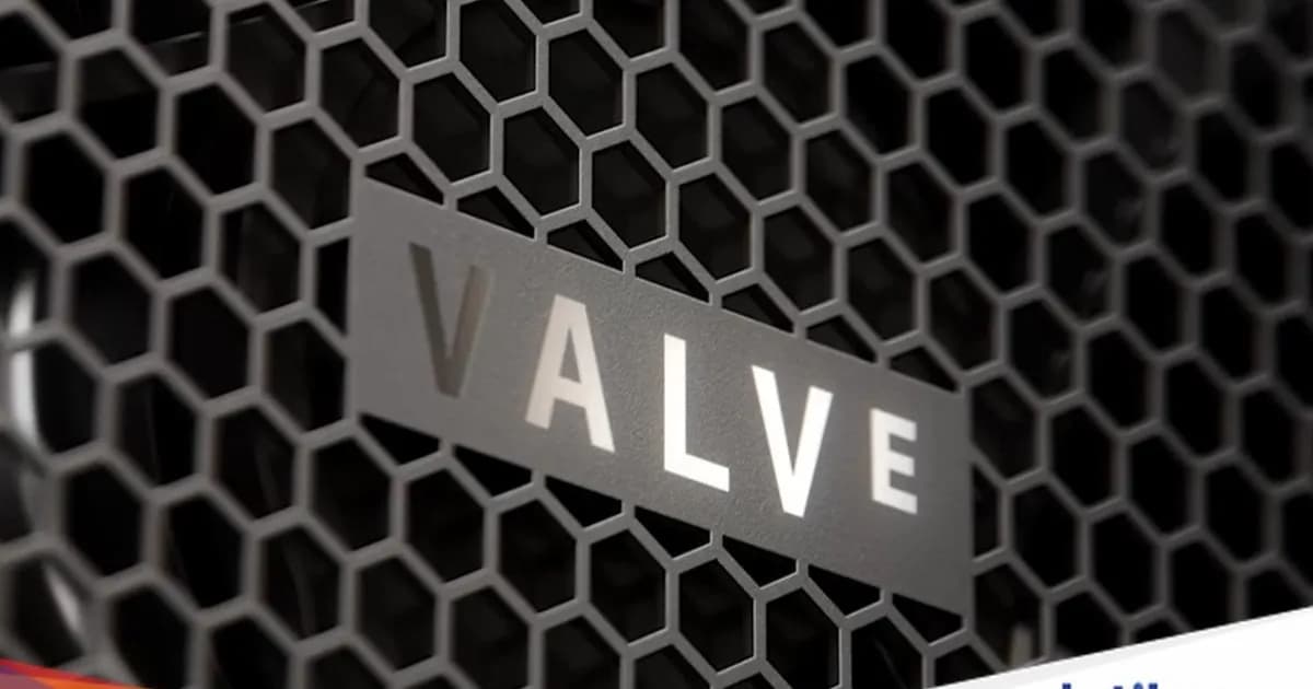 Logo Valve di atas latar belakang gelap dengan efek pencahayaan biru