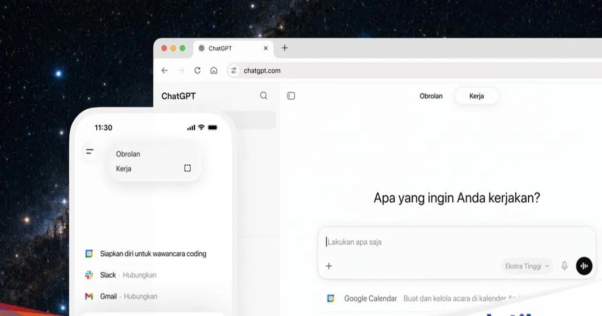 Tampilan antarmuka ChatGPT Work yang menunjukkan integrasi dengan berbagai aplikasi kerja