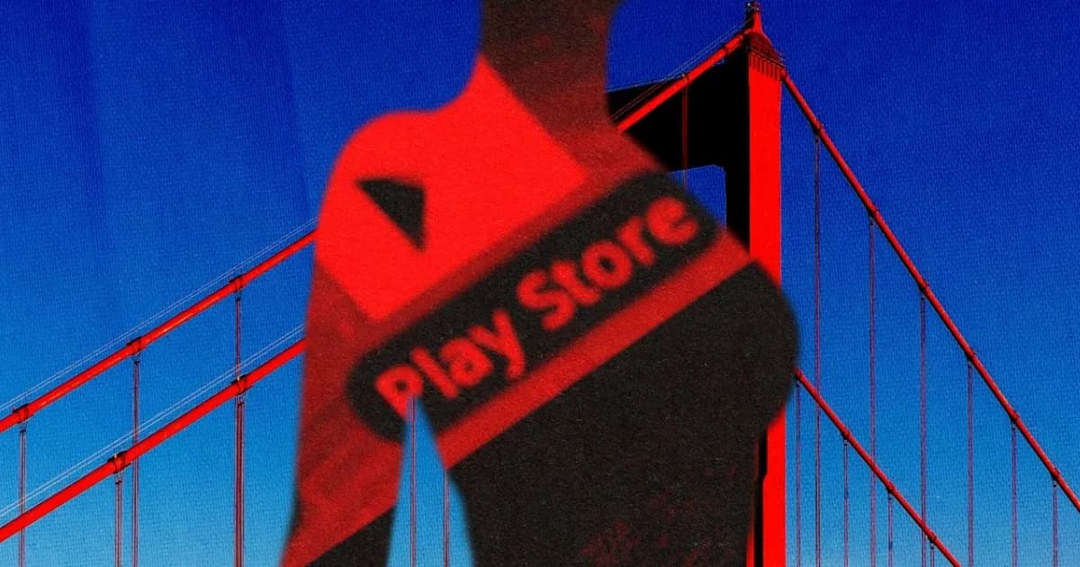 Ilustrasi aplikasi deepfake berbahaya di ponsel pintar yang menampilkan peringatan hukum dari San Francisco