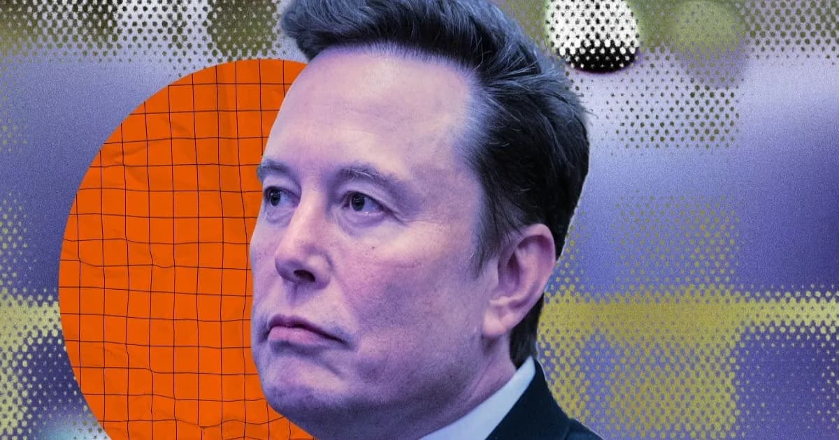 Ilustrasi Elon Musk dengan latar belakang teknologi AI