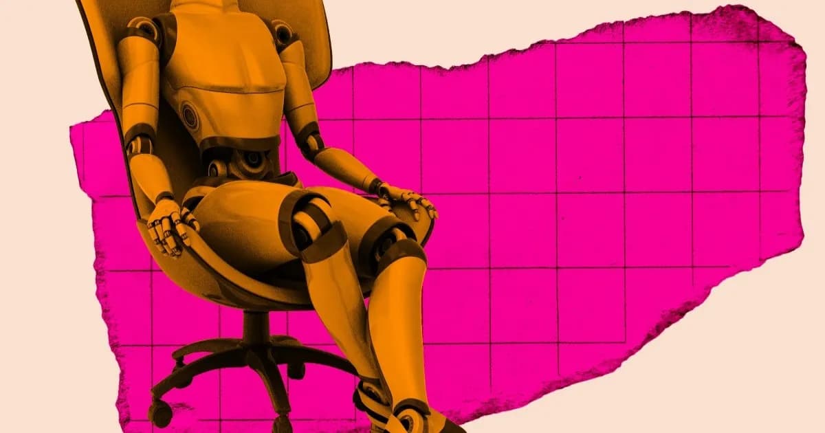 Ilustrasi robot duduk di kursi kantor sebagai simbol CEO AI
