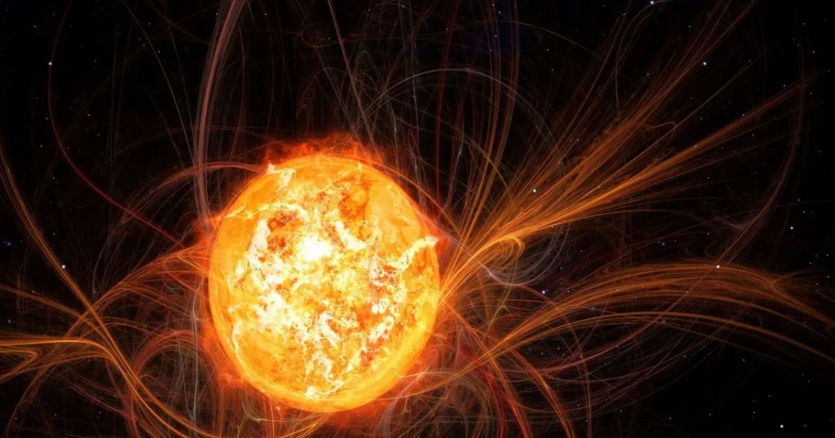 Ilustrasi badai matahari ekstrem yang menghantam medan magnet Bumi dengan partikel energetik