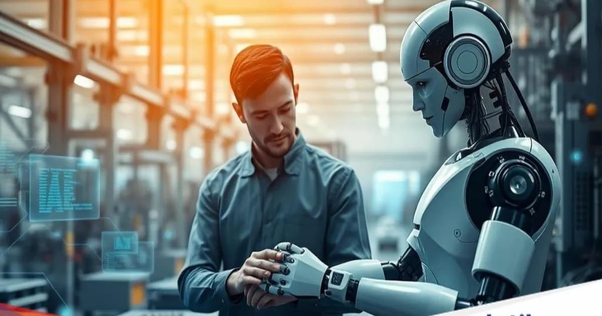 Ilustrasi robot AI dengan latar belakang sirkuit digital