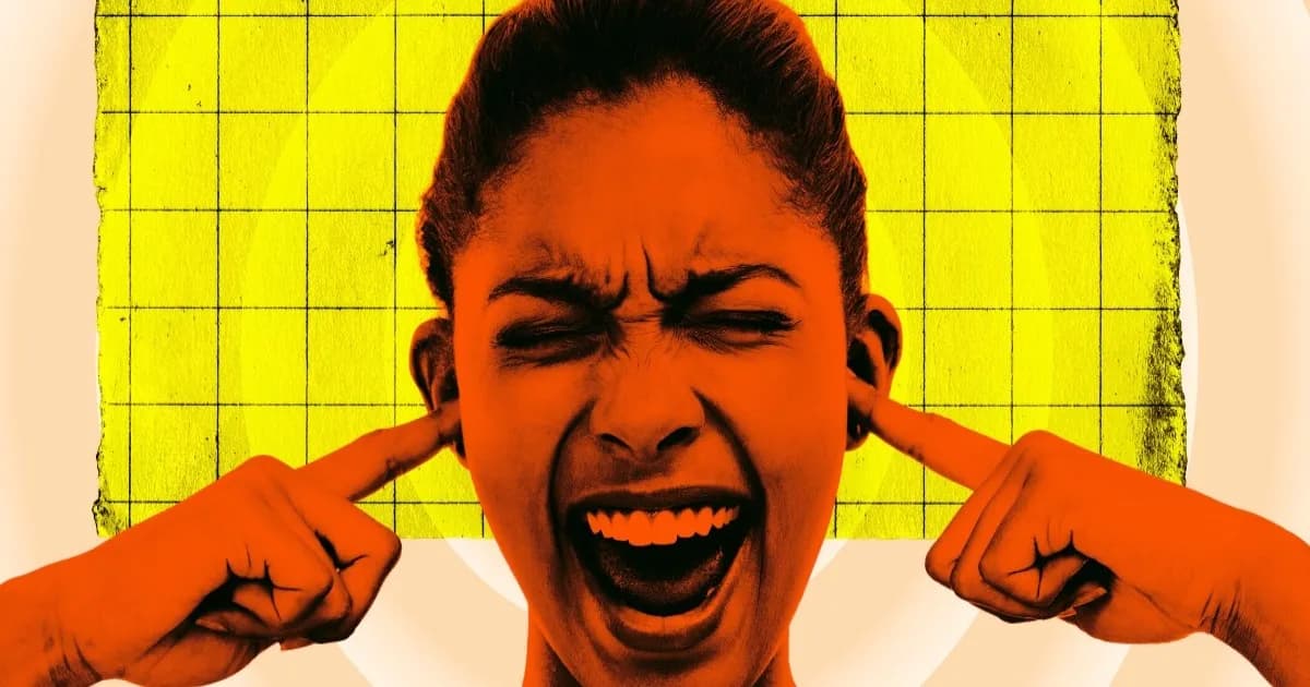Ilustrasi seorang wanita menutup telinga karena kebisingan pusat data di Dowagiac, Michigan