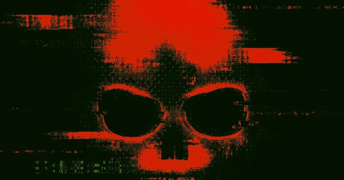 Ilustrasi tengkorak digital glitch melambangkan dominasi bot di internet