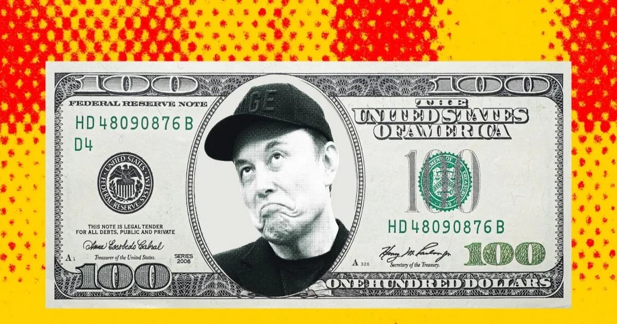 Ilustrasi uang kertas 100 dolar dengan wajah Elon Musk di tengahnya, melambangkan layanan perbankan X Money