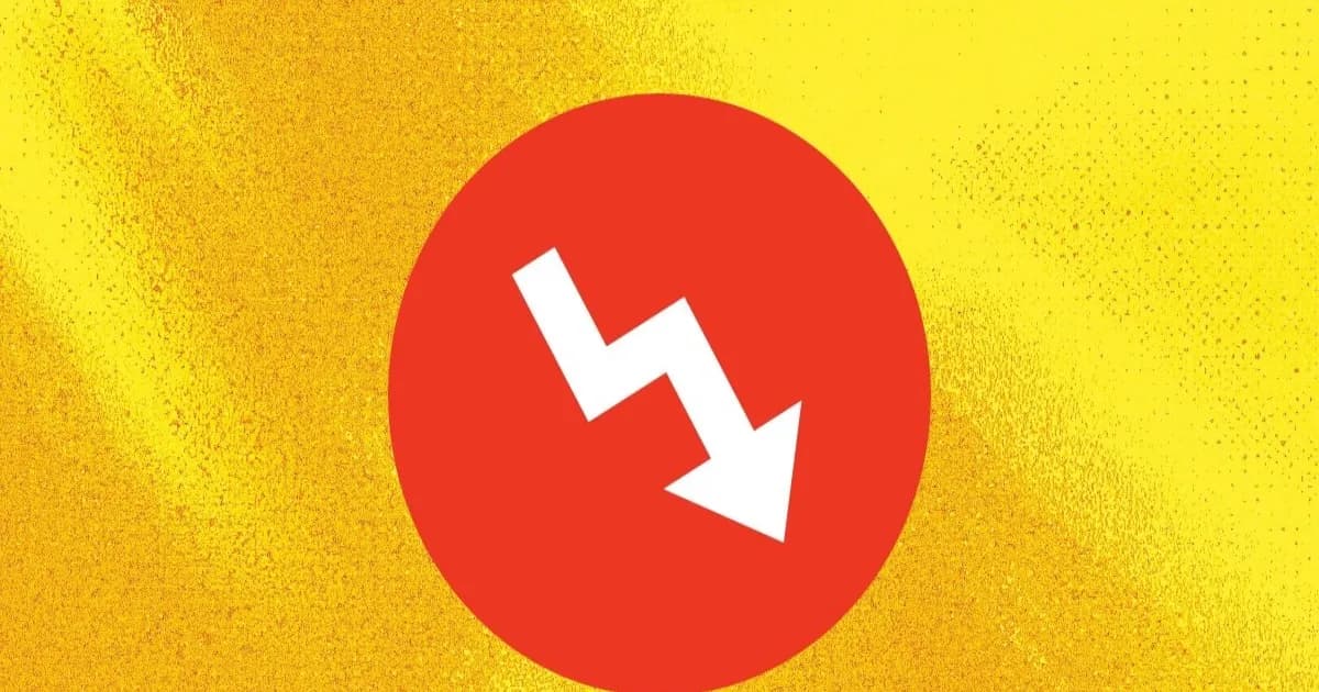 Grafik logo BuzzFeed dengan panah mengarah ke bawah sebagai simbol kemunduran perusahaan