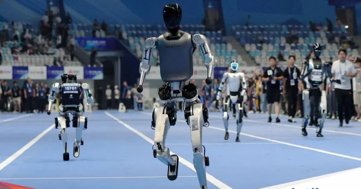 Unitree Robotics humanoid robots compete in a kickboxing match at the inaugural World Humanoid Robot Games in Beijing