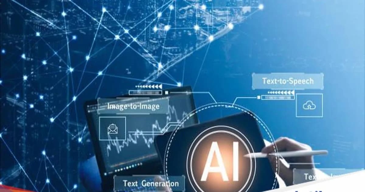 Ilustrasi penggunaan AI dengan latar belakang digital transformation dan smartphone