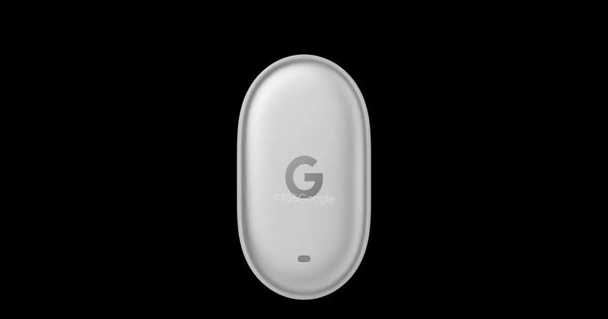 Ilustrasi Google Pixel Tag berbentuk oval kecil dengan speaker internal untuk pelacakan barang