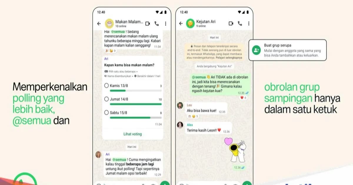 Tampilan fitur baru grup WhatsApp dengan opsi mention @semua untuk semua anggota