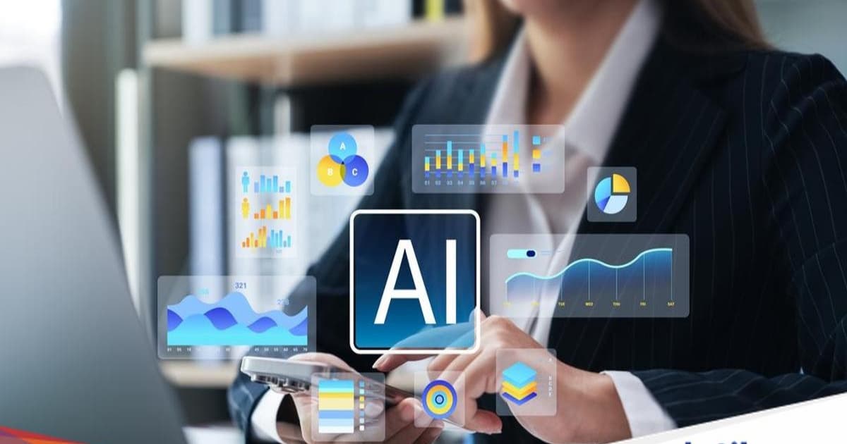 Ilustrasi kecerdasan buatan dengan latar belakang digital yang menampilkan simbol AI dan jaringan data