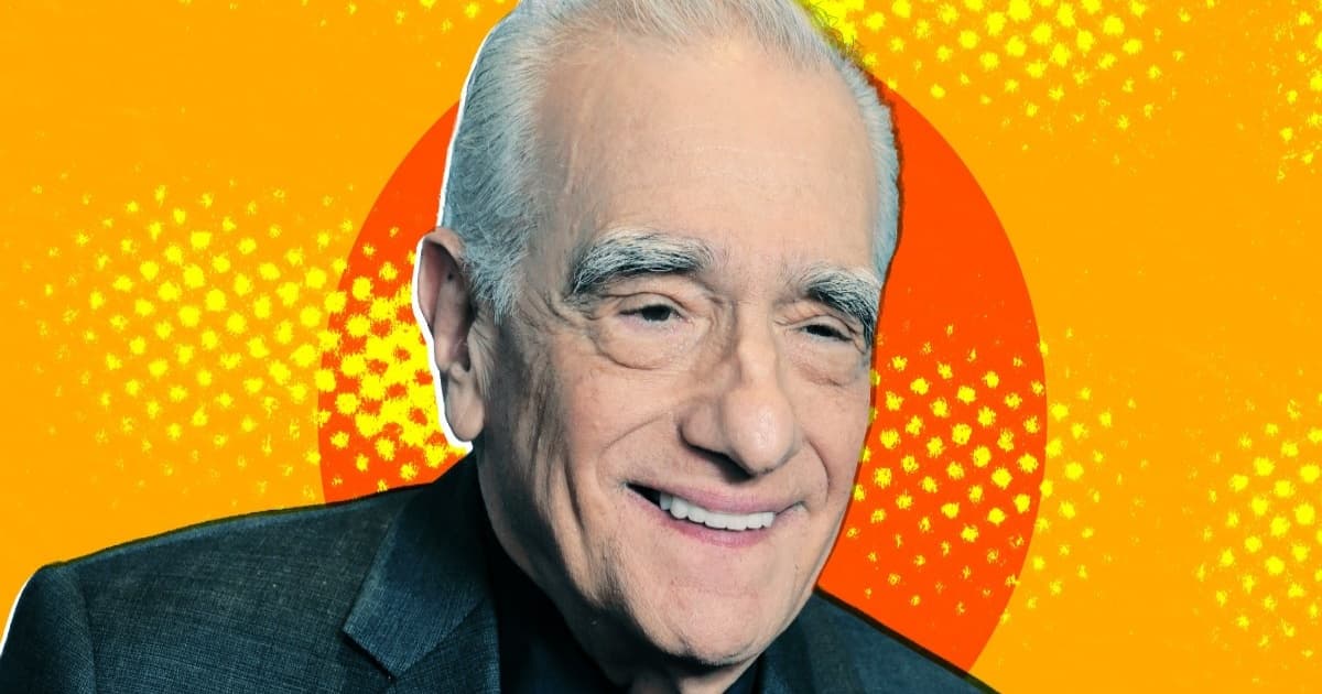 Martin Scorsese di depan latar warna merah dan kuning saat mempromosikan startup AI Black Forest Labs